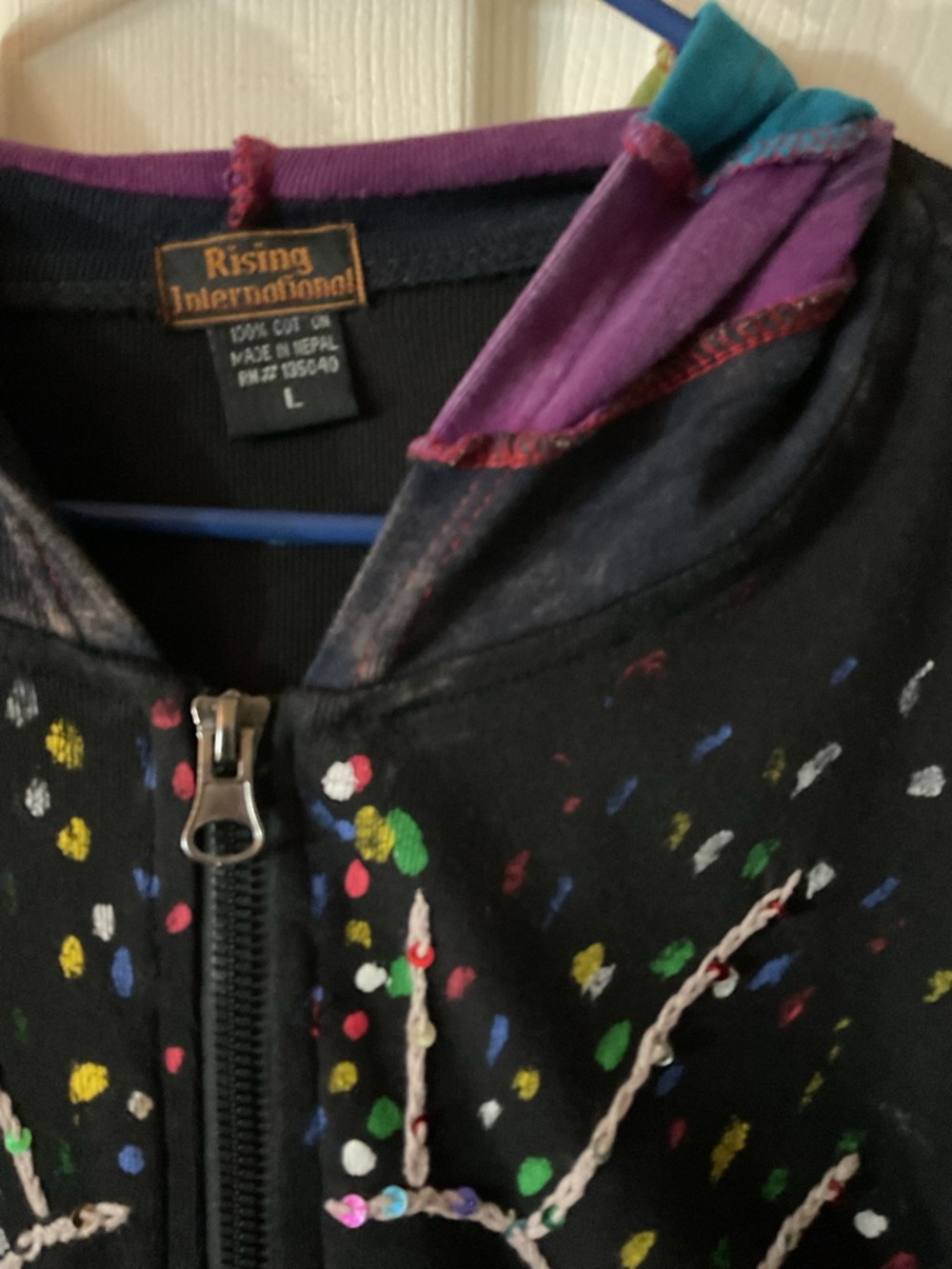 Rising International Hand-Painted Sun Zip Hoodie with Patchwork size-Large - Picture 4 of 4
